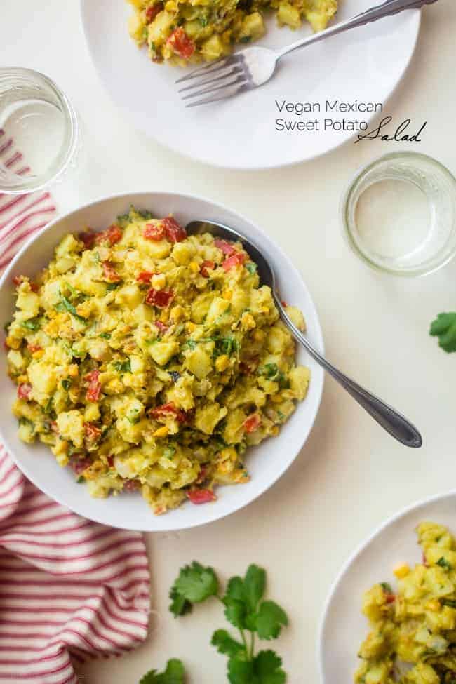 Vegan Mexican Sweet Potato Salad - This easy Mexican sweet potato salad has a spicy avocado chipotle dressing and grilled corn! It's a simple, gluten free and vegan-friendly side dish! | Foodfaithfitness.com | @FoodFaithFit