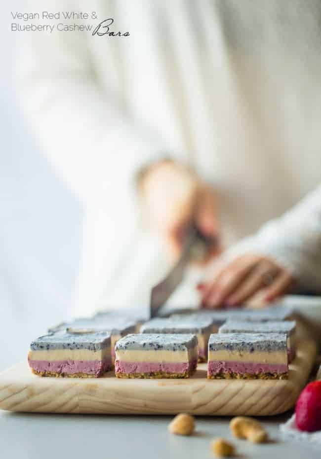 Vegan No Bake Red, White and Blueberry Cashew Cream Bars - These healthy bars are made of berry cashew cream, layered and then frozen! They're an easy, paleo and vegan friendly dessert for the fourth of July! | Foodfaithfitness.com | @FoodFaithFit