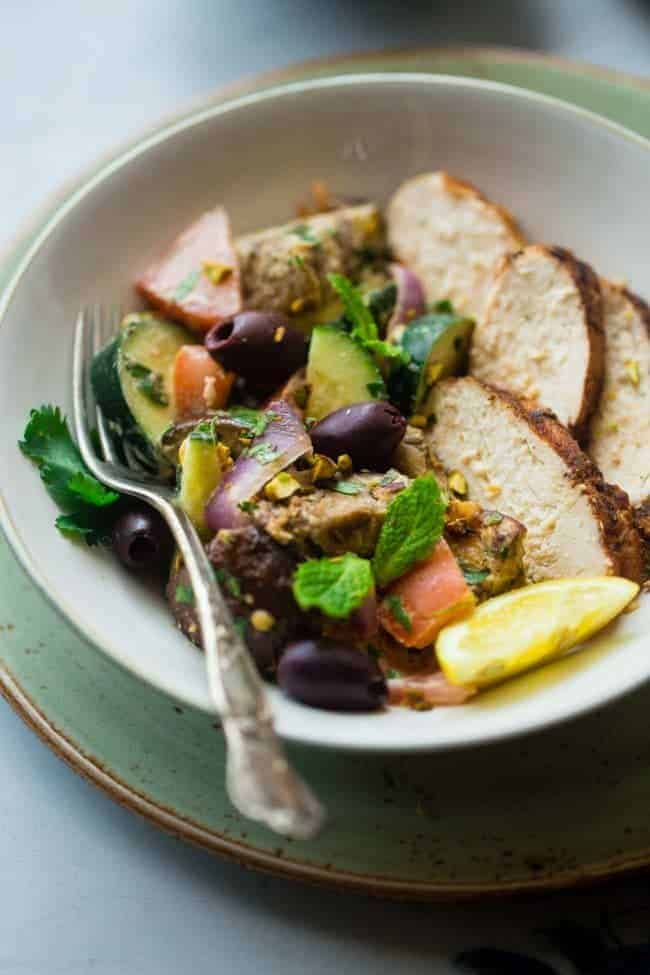 Paleo Grilled Moroccan Chicken Bowls - These grilled Moroccan chicken bowls are loaded with charred veggies, creamy tahini and spicy chicken! They're a quick and easy dinner that's paleo friendly and Whole30 compliant! | Foodfaithfitness.com | @FoodFaithFit