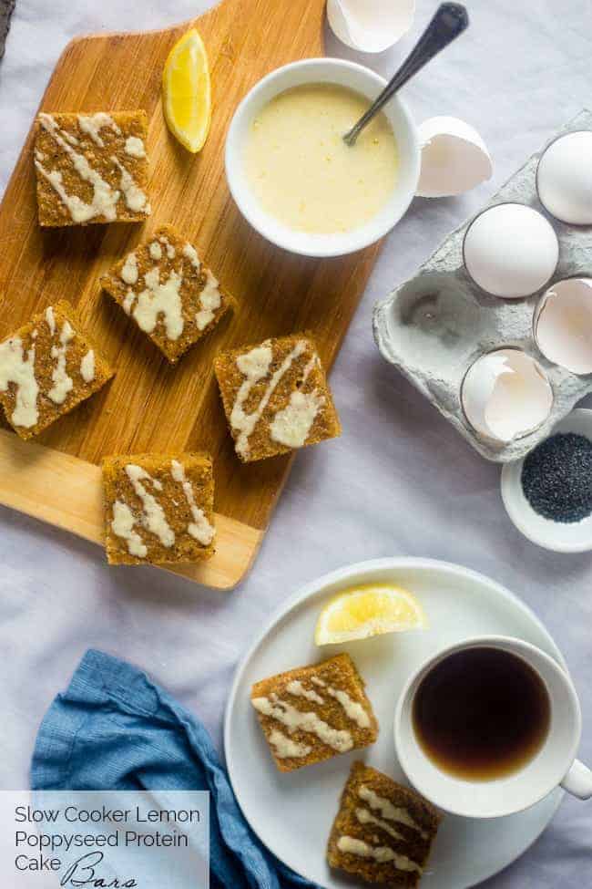 Gluten Free Slower Cooker Lemon Poppy Seed Cake Bars - These easy, low carb cake bars are made in the slow cooker! They're soft, chewy and secretly healthy, gluten/grain free and packed with protein! | Foodfaithfitness.com | @FoodFaithFit