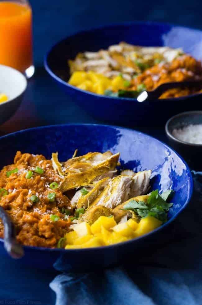 Slow Cooker Mango Chicken and Sweet Potato Bowls - This whole30 approved slow cooker mango chicken has a sweet, tropical sauce and sweet potatoes! It's a healthy, one pot meal that's perfect for busy weeknights! | Foodfaithfitness.com | @FoodFaithFit