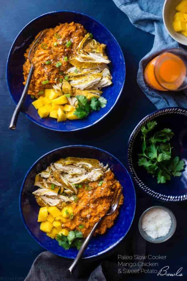 Slow Cooker Mango Chicken and Sweet Potato Bowls - This whole30 approved slow cooker mango chicken has a sweet, tropical sauce and sweet potatoes! It's a healthy, one pot meal that's perfect for busy weeknights! | Foodfaithfitness.com | @FoodFaithFit