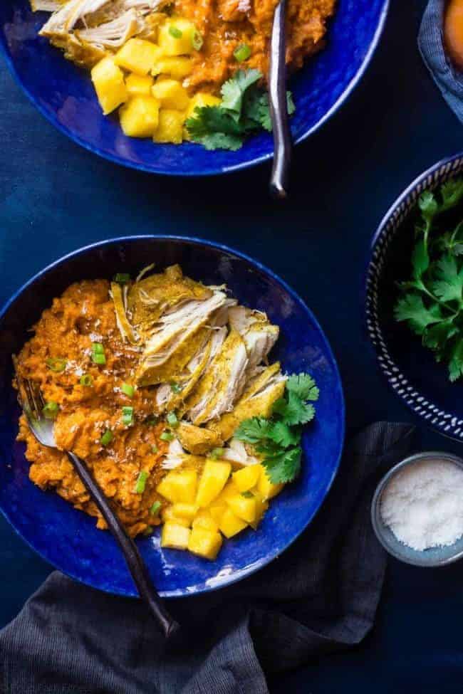 Slow Cooker Mango Chicken and Sweet Potato Bowls - This whole30 approved slow cooker mango chicken has a sweet, tropical sauce and sweet potatoes! It's a healthy, one pot meal that's perfect for busy weeknights! | Foodfaithfitness.com | @FoodFaithFit