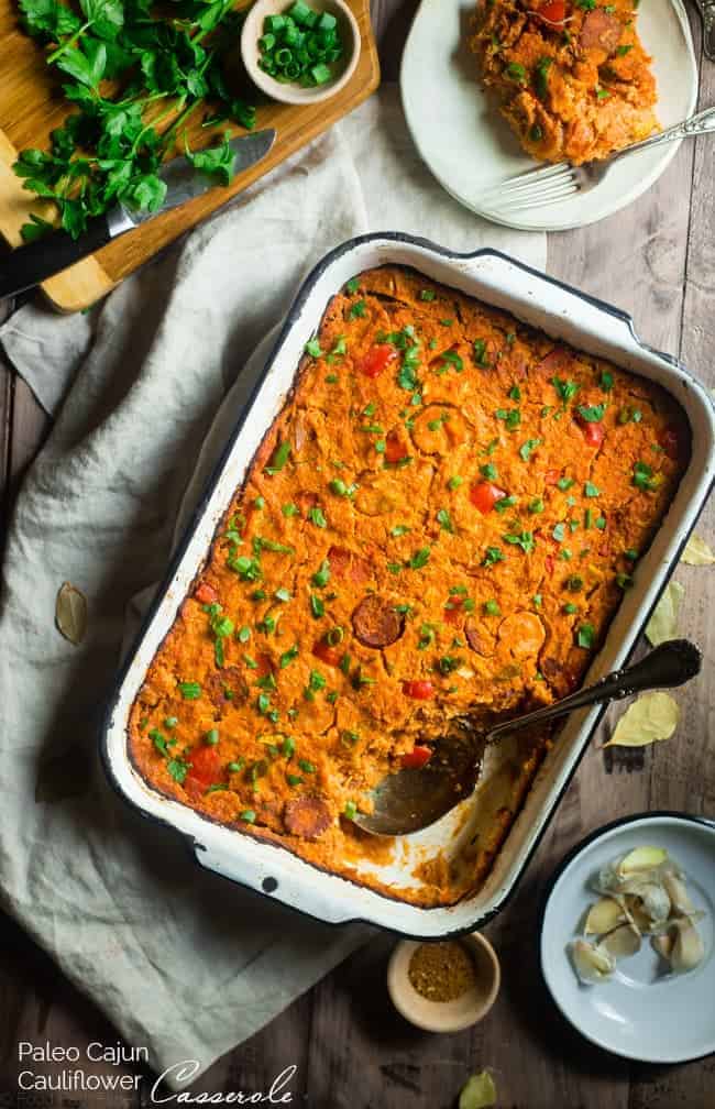 Paleo Cajun Cauliflower Casserole - This Cajun cauliflower casserole tastes like a bowl of Jambalaya but is secretly loaded with hidden veggies and protein! It's a gluten free, paleo-friendly meal that the whole family will love! | Foodfaithfitness.com | @FoodFaithFit