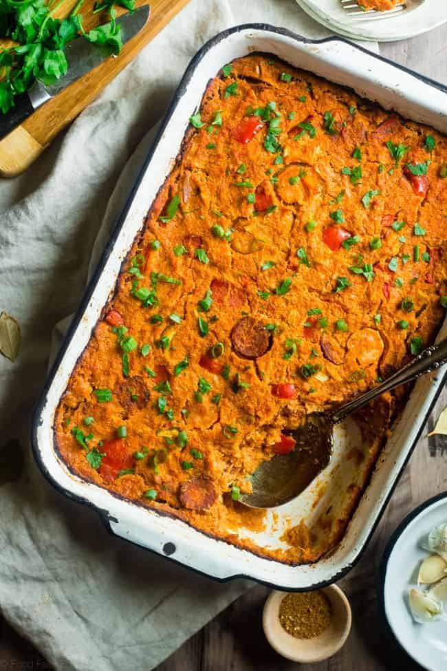 Paleo Cajun Cauliflower Casserole - This Cajun cauliflower casserole tastes like a bowl of Jambalaya but is secretly loaded with hidden veggies and protein! It's a gluten free, paleo-friendly meal that the whole family will love! | Foodfaithfitness.com | @FoodFaithFit