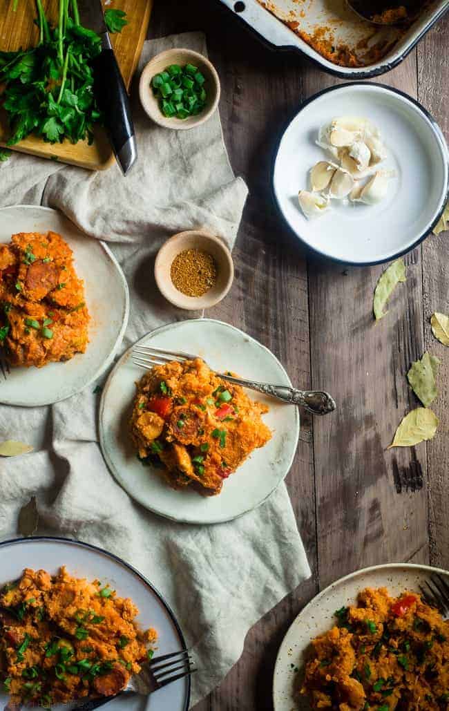 Paleo Cajun Cauliflower Casserole - This Cajun cauliflower casserole tastes like a bowl of Jambalaya but is secretly loaded with hidden veggies and protein! It's a gluten free, paleo-friendly meal that the whole family will love! | Foodfaithfitness.com | @FoodFaithFit