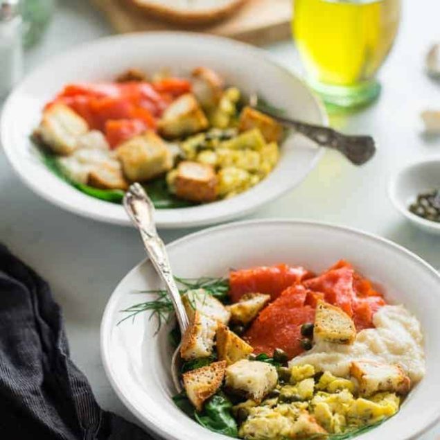 Gluten Free Cauliflower Alfredo "Lox Bagel" Breakfast Bowls - These bowls are a spin on the classic lox bagel, and use cauliflower Alfredo instead of cream cheese to keep them dairy free, healthy and loaded with hidden veggies! | Foodfaithfitness.com | @FoodFaithFit