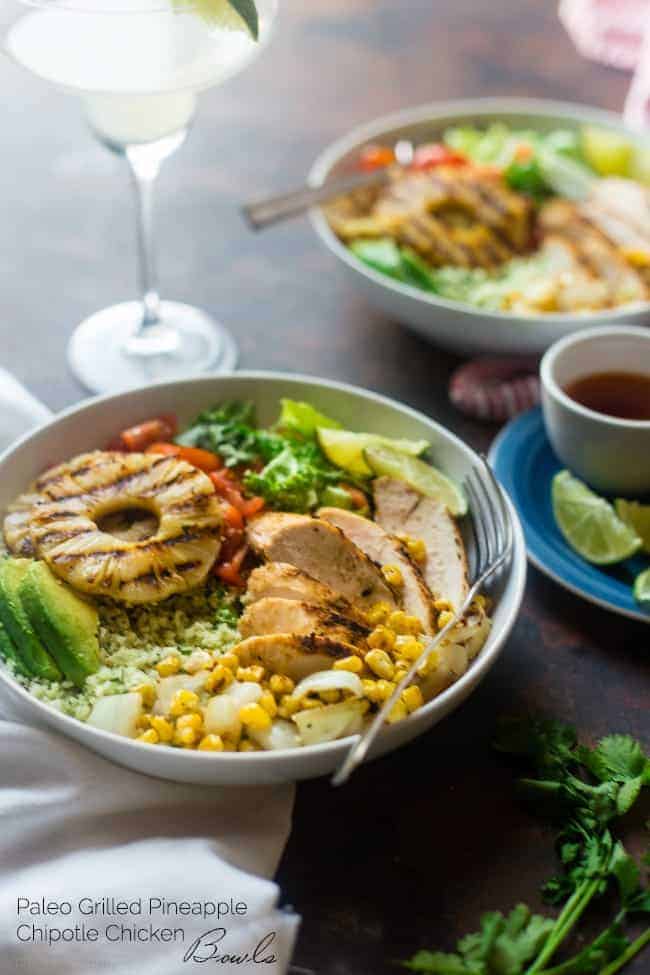 Paleo Mexican Chicken Bowls with Pineapple Grilled Cauliflower Rice - These easy chicken bowls have grilled cauliflower rice and a spicy-sweet pineapple chili sauce! They're a healthy, gluten free dinner that's big on flavor! | Foodfaithfitness.com | @FoodFaithFit