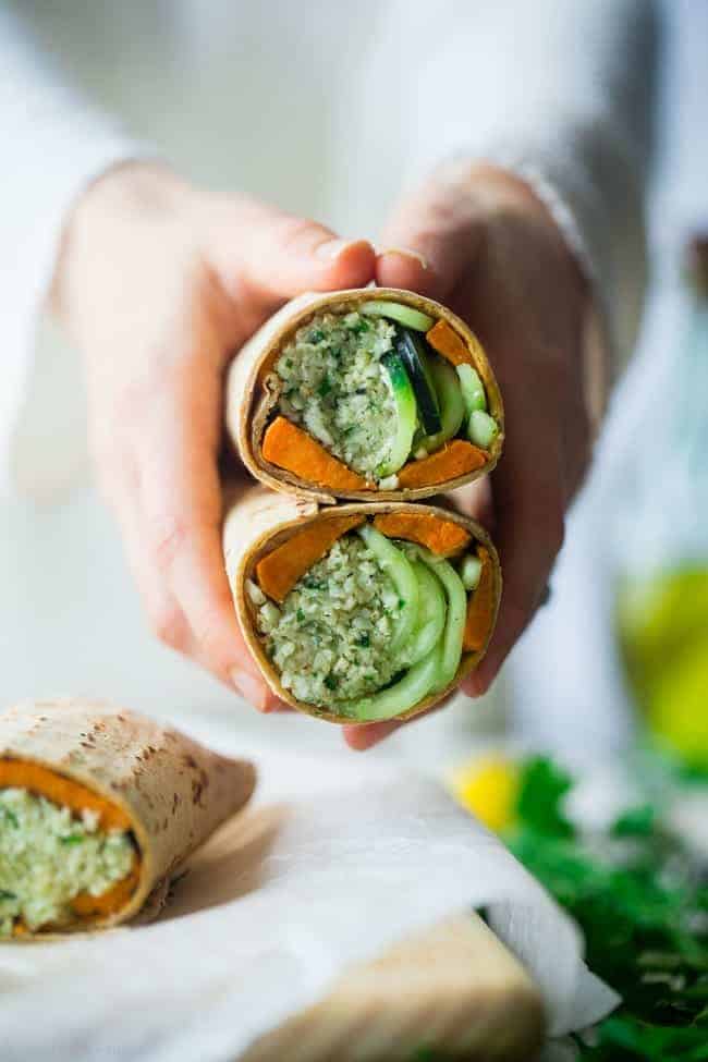 Vegan Grilled Sweet Potato and Mint Tahini Cauliflower Rice Wraps - Grilled sweet potatoes, mint tahini cauliflower rice and spiralized cucumber noodles make this easy, healthy and portable meatless meal! | Foodfaithfitness.com | @FoodFaithFit