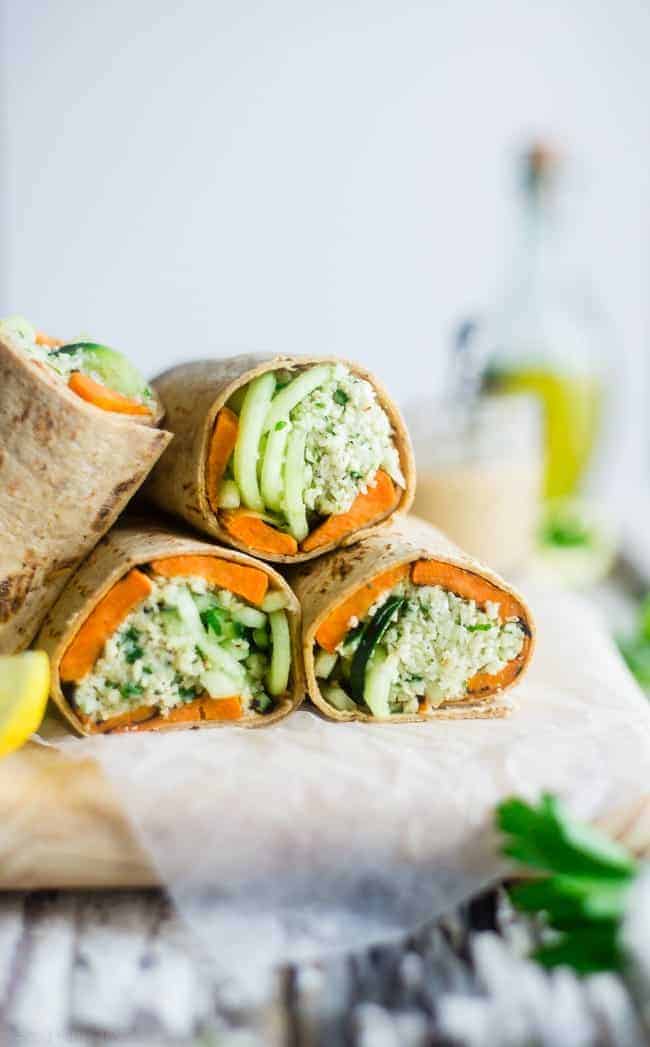 Vegan Grilled Sweet Potato and Mint Tahini Cauliflower Rice Wraps - Grilled sweet potatoes, mint tahini cauliflower rice and spiralized cucumber noodles make this easy, healthy and portable meatless meal! | Foodfaithfitness.com | @FoodFaithFit