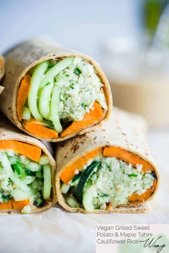 Vegan Grilled Sweet Potato and Mint Tahini Cauliflower Rice Wraps - Grilled sweet potatoes, mint tahini cauliflower rice and spiralized cucumber noodles make this easy, healthy and portable meatless meal! | Foodfaithfitness.com | @FoodFaithFit