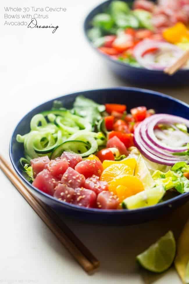 Citrus Tuna Ceviche Bowls - These whole30 compliant bowls are loaded with fresh veggies, zucchini noodles and creamy avocado dressing! They're an easy, healthy and gluten free, no-cook summer meal! | Foodfaithfitness.com | @FoodFaithFit