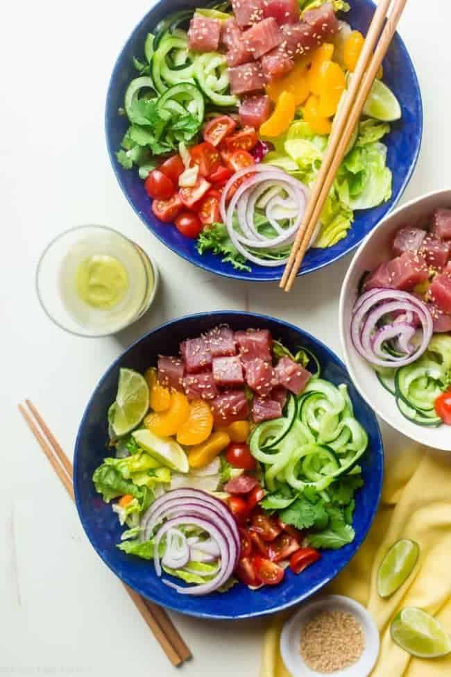 Citrus Tuna Ceviche Bowls - These whole30 compliant bowls are loaded with fresh veggies, zucchini noodles and creamy avocado dressing! They're an easy, healthy and gluten free, no-cook summer meal! | Foodfaithfitness.com | @FoodFaithFit
