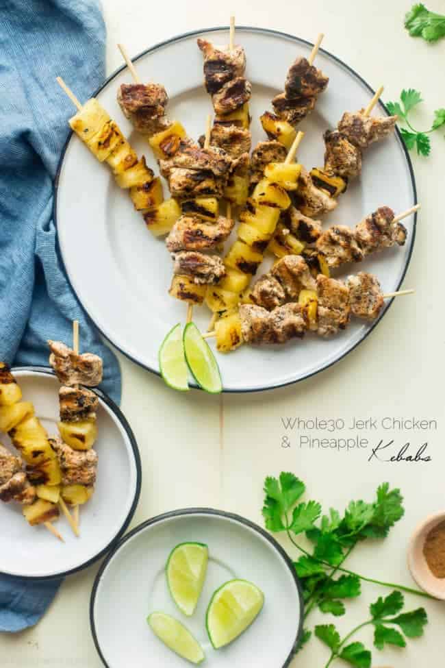 Whole30 Pineapple Jerk Chicken Kebabs - This easy jerk chicken recipe uses pineapple juice instead of sugar so it's Whole30 compliant and paleo friendly! It's a simple, flavorful weeknight meal that's perfect for the summer! | Foodfaithfitness.com | @FoodFaithFit