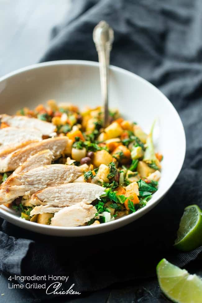4 Ingredient Honey Lime Grilled Chicken - This easy honey lime chicken only uses 3 ingredients and is ready in 15 minutes! It's a healthy, protein packed and gluten free addition to your next dinner! | Foodfaithfitness.com | @FoodFaithFit