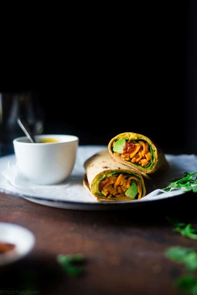Vegan "Cheesy" Mexican Sweet Potato Noodle Wrap - This easy wrap has sweet potato noodles, a vegan "cheese sauce," spinach and salsa! It's a protein packed, healthy, portable and vegan friendly lunch! Perfect for back to school! Gluten free option included! | Foodfaithfitness.com | @FoodFaithFit