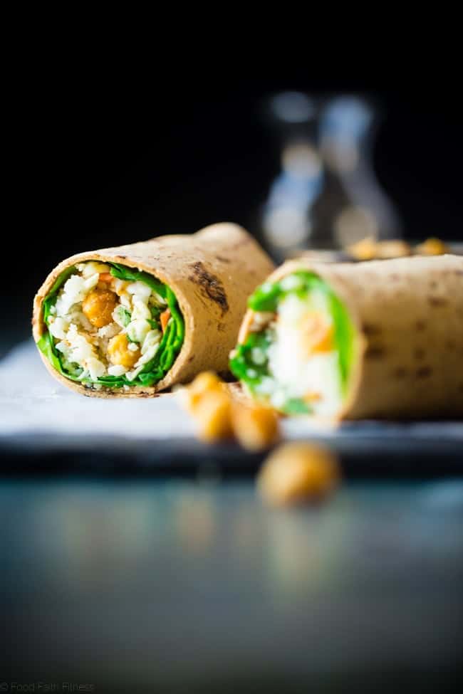 Vegan "Honey" Garlic Chickpea and Cauliflower Rice Wrap - This healthy wrap has an Asian flair with crunchy "honey" garlic roasted chickpeas and cauliflower rice! It's a quick and easy, portable and vegan friendly meal that's perfect for lunchboxes! Gluten free option included! | Foodfaithfitness.com | @FoodFaithFit