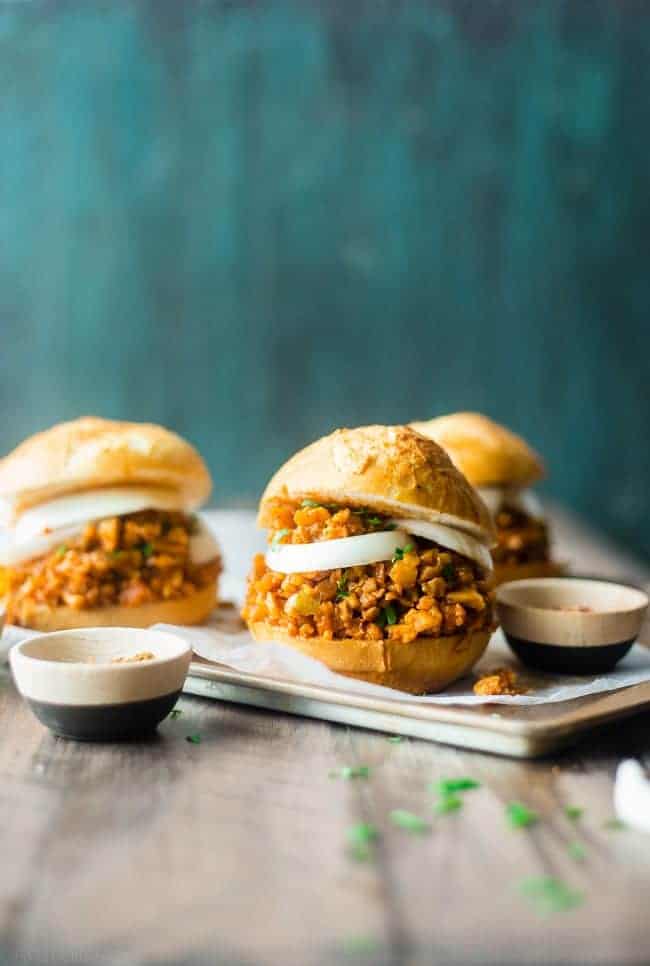 Vegan Sloppy Joes - You will never believe that this quick and easy, one-pot dinner uses cauliflower instead of meat! They're a healthy, gluten free, crowd pleasing dinner that's ready in under 30 mins and are under 300 calories! | Foodfaithfitness.com | @FoodFaithFit