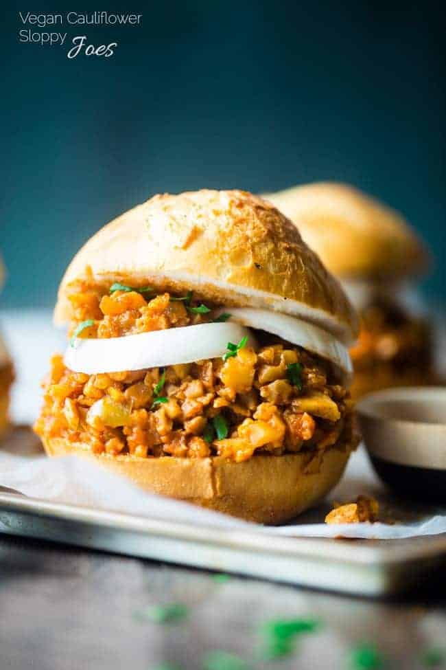 Vegan Sloppy Joes - You will never believe that this quick and easy, one-pot dinner uses cauliflower instead of meat! They're a healthy, gluten free, crowd pleasing dinner that's ready in under 30 mins and are under 300 calories! | Foodfaithfitness.com | @FoodFaithFit