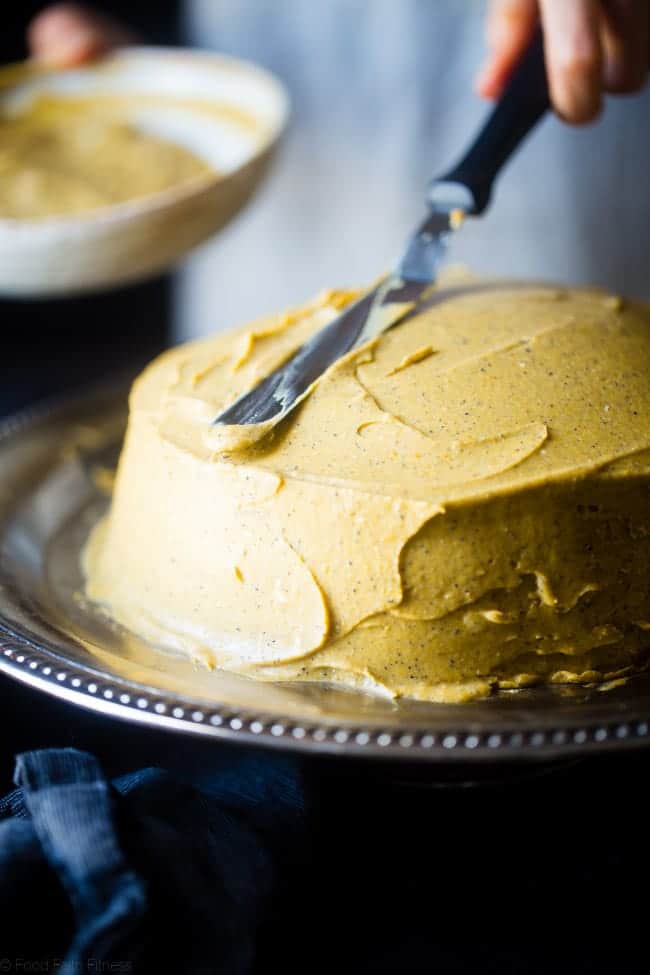 Vegan Pumpkin Spice Latte Crepe Cake - This Vegan Crepe Cake tastes like a pumpkin spice latte with a touch of coconut! It's an impressive, gluten free dessert for the holidays that's under 250 calories a slice! | Foodfaithfitness.com | @FoodFaithFit