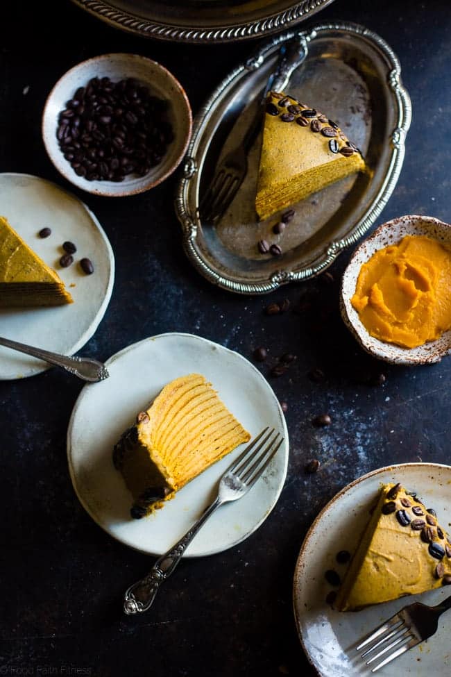 Vegan Pumpkin Spice Latte Crepe Cake - This Vegan Crepe Cake tastes like a pumpkin spice latte with a touch of coconut! It's an impressive, gluten free dessert for the holidays that's under 250 calories a slice! | Foodfaithfitness.com | @FoodFaithFit