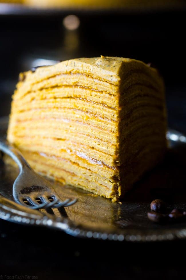 Vegan Pumpkin Spice Latte Crepe Cake - This Vegan Crepe Cake tastes like a pumpkin spice latte with a touch of coconut! It's an impressive, gluten free dessert for the holidays that's under 250 calories a slice! | Foodfaithfitness.com | @FoodFaithFit