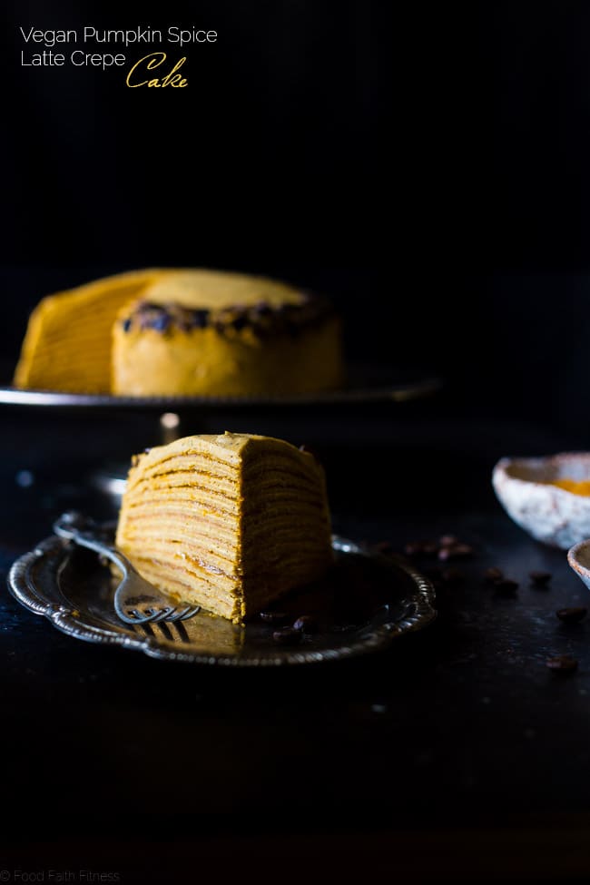 Vegan Pumpkin Spice Latte Crepe Cake - This Vegan Crepe Cake tastes like a pumpkin spice latte with a touch of coconut! It's an impressive, gluten free dessert for the holidays that's under 250 calories a slice! | Foodfaithfitness.com | @FoodFaithFit