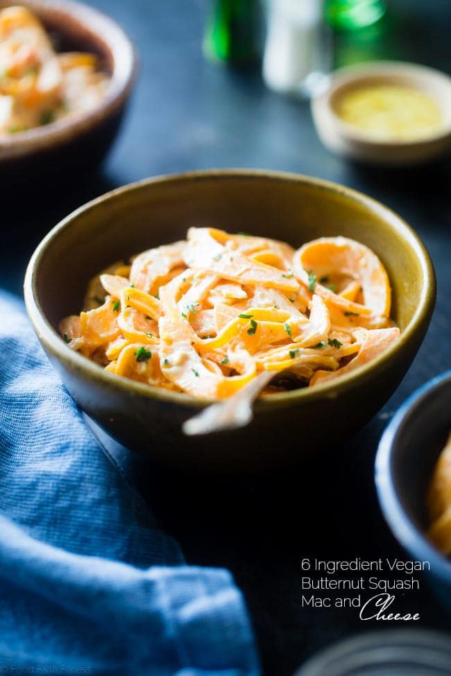 6 Ingredient Vegan Mac and Cheese with Spiralized Butternut Squash Noodles - So creamy you will never guess it's a healthy, gluten and grain free, vegan mac and cheese that is SO easy to make! | Foodfaithfitness.com | @FoodFaithFit