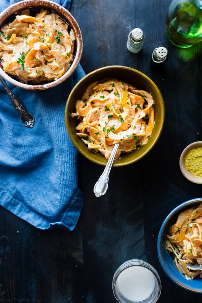 6 Ingredient Vegan Mac and Cheese with Spiralized Butternut Squash Noodles - So creamy you will never guess it's a healthy, gluten and grain free, vegan mac and cheese that is SO easy to make! | Foodfaithfitness.com | @FoodFaithFit