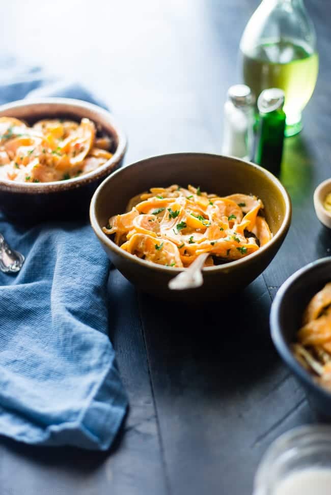 6 Ingredient Vegan Mac and Cheese with Spiralized Butternut Squash Noodles - So creamy you will never guess it's a healthy, gluten and grain free, vegan mac and cheese that is SO easy to make! | Foodfaithfitness.com | @FoodFaithFit