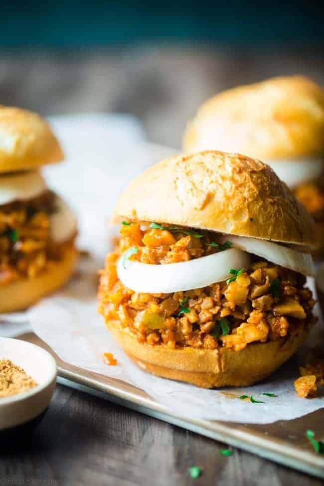 Vegan Sloppy Joes - You will never believe that this quick and easy, one-pot dinner uses cauliflower instead of meat! They're a healthy, gluten free, crowd pleasing dinner that's ready in under 30 mins and are under 300 calories! | Foodfaithfitness.com | @FoodFaithFit