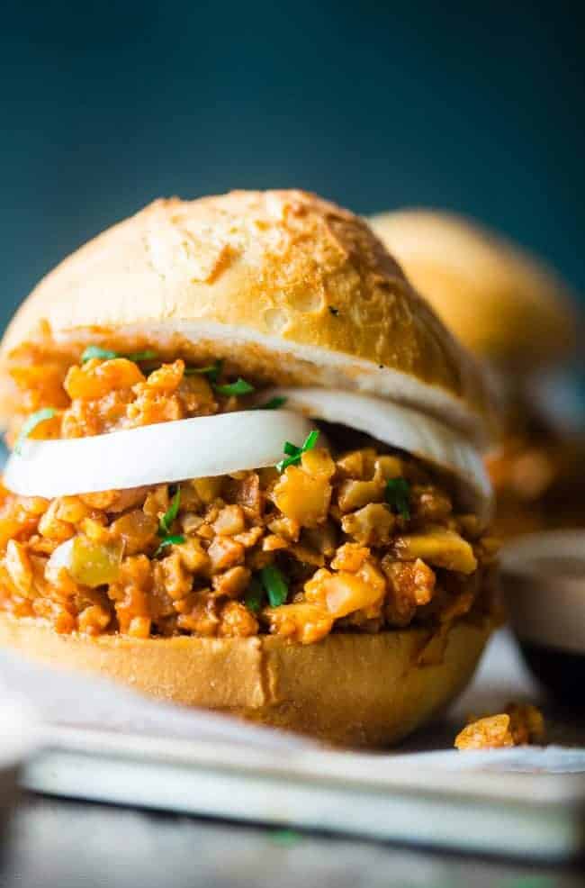 Vegan Sloppy Joes - You will never believe that this quick and easy, one-pot dinner uses cauliflower instead of meat! They're a healthy, gluten free, crowd pleasing dinner that's ready in under 30 mins and are under 300 calories! | Foodfaithfitness.com | @FoodFaithFit