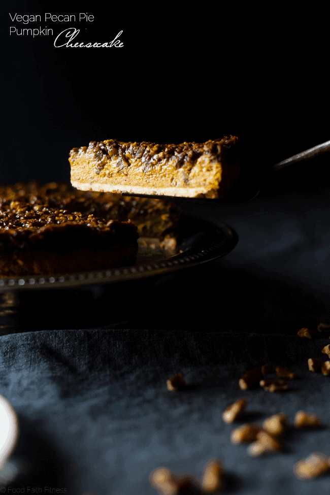 A slice of Easy Pumpkin Pecan Cheesecake being lifted from the full pie.