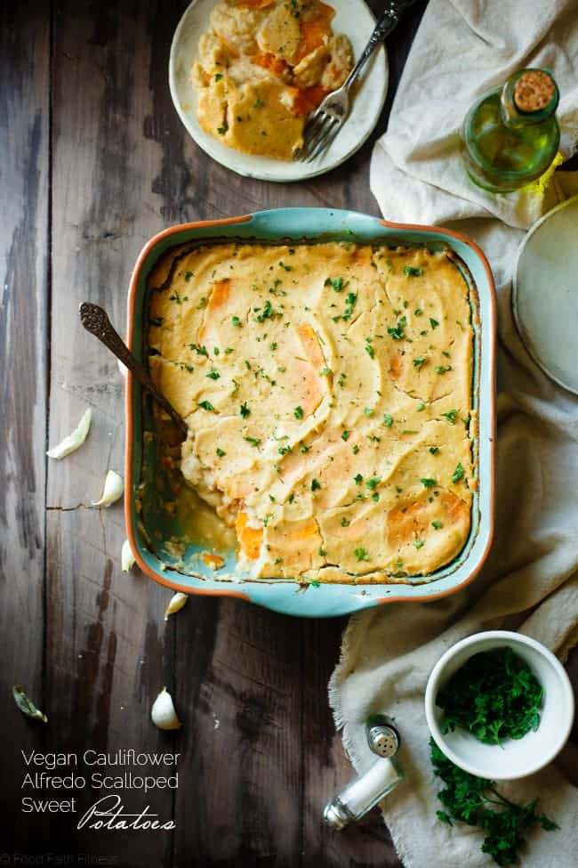Cauliflower Alfredo Vegan Scalloped Sweet Potatoes - This whole30 compliant side dish is so creamy you'll never know they're under 200 calories, paleo friendly and have hidden veggies! Perfect for Thanksgiving! | Foodfaithfitness.com | @FoodFaithFit