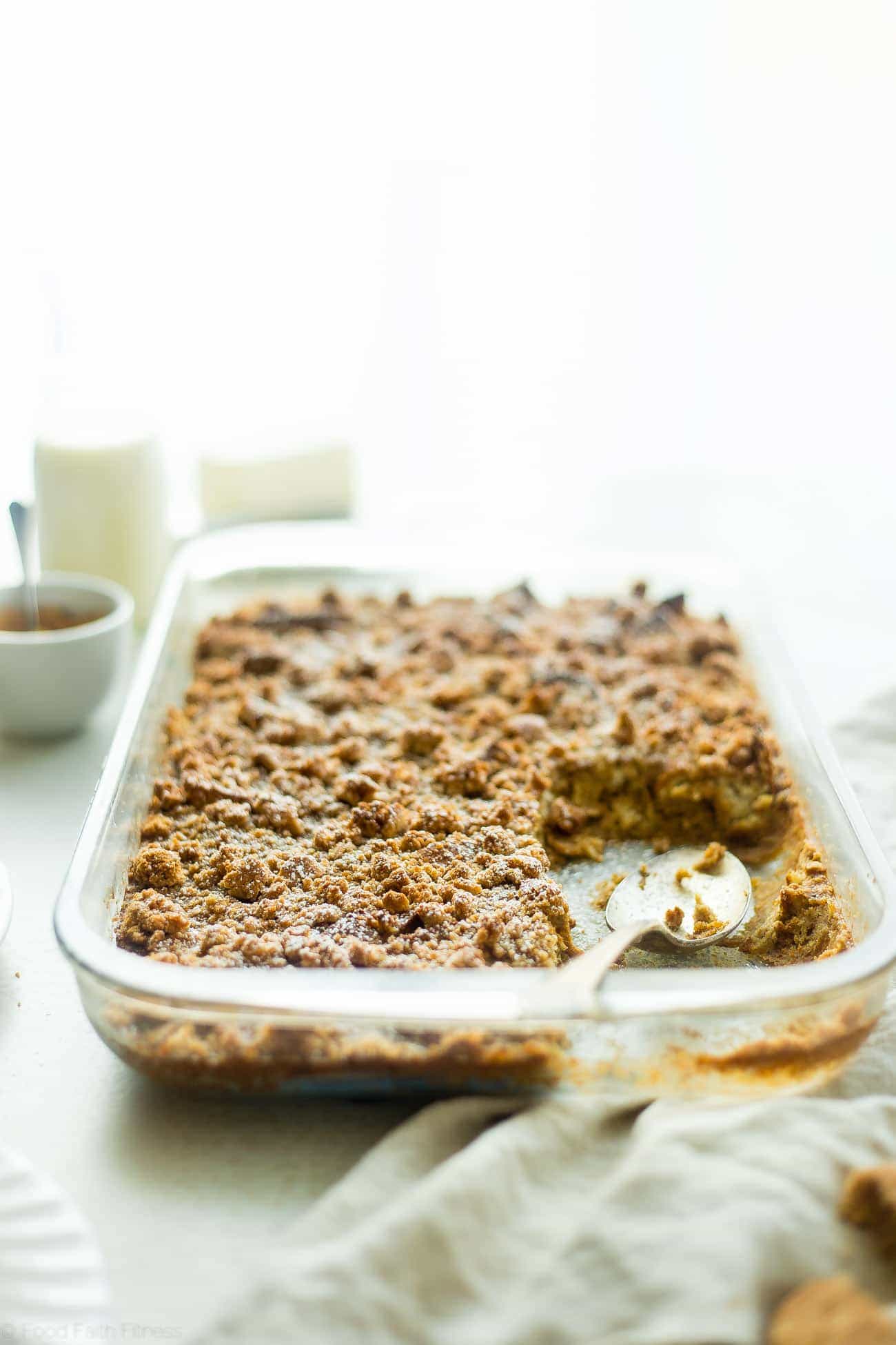 Gluten Free Overnight Eggnog Snickerdoodle Baked French Toast Casserole - Made with creamy eggnog and a snickerdoodle cookie streusel! It's the perfect make-ahead Christmas morning breakfast! | Foodfaithfitness.com | @FoodFaithFit