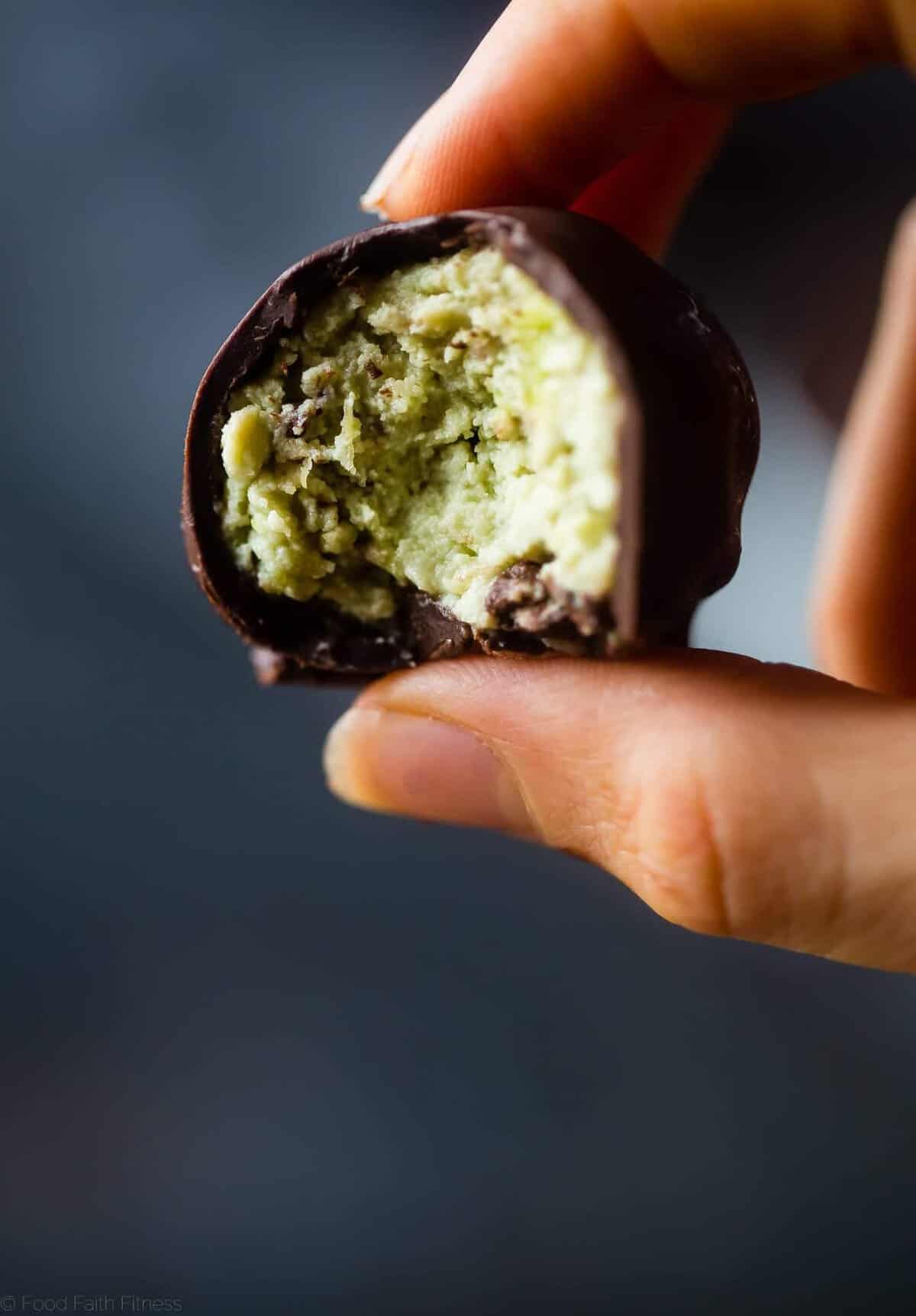 Mint Avocado Cheesecake Truffles - These low carb, protein-packed, creamy cheesecake truffles are covered in chocolate! They're a healthy, gluten free Christmas treat for only 90 calories! | Foodfaithfitness.com | @FoodFaithFit