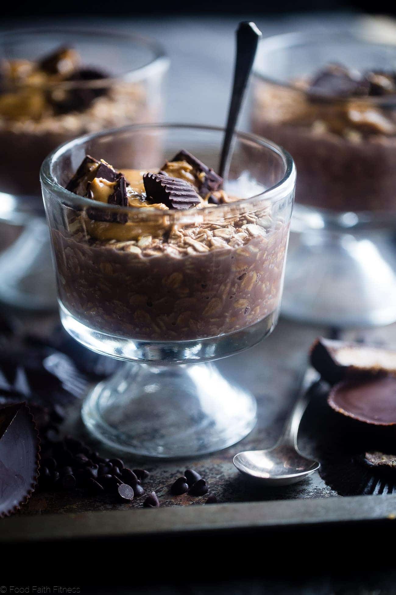 Chocolate Peanut Butter Overnight Oats - These 6-ingredient overnight oats are topped with homemade peanut butter cups! They're an easy, healthy, gluten free and protein-packed make-ahead breakfast! | Foodfaithfitness.com | @FoodFaithFit