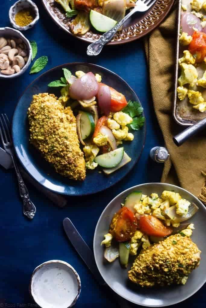 Whole30 Sheet Pan Curry Cashew Chicken - This low carb cashew chicken is flavored with curry, and the whole meal is made on one sheet! It's an easy, healthy weeknight meal the whole will love, for under 400 calories! | Foodfaithfitness.com | @FoodFaithFit