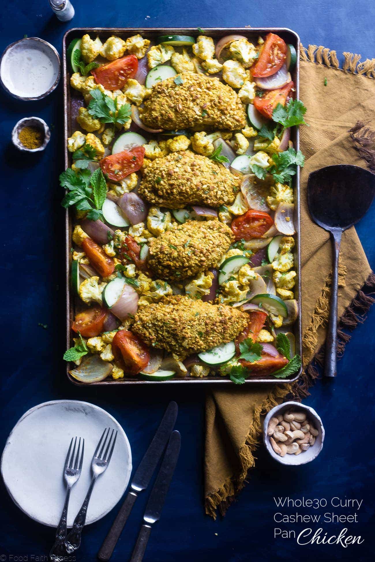 Easy Healthy Cashew Chicken Sheet Pan Dinner - This low carb cashew chicken is flavored with curry, and the whole meal is made on one sheet! It's an easy, healthy weeknight meal the whole will love, for under 400 calories! | Foodfaithfitness.com | @FoodFaithFit