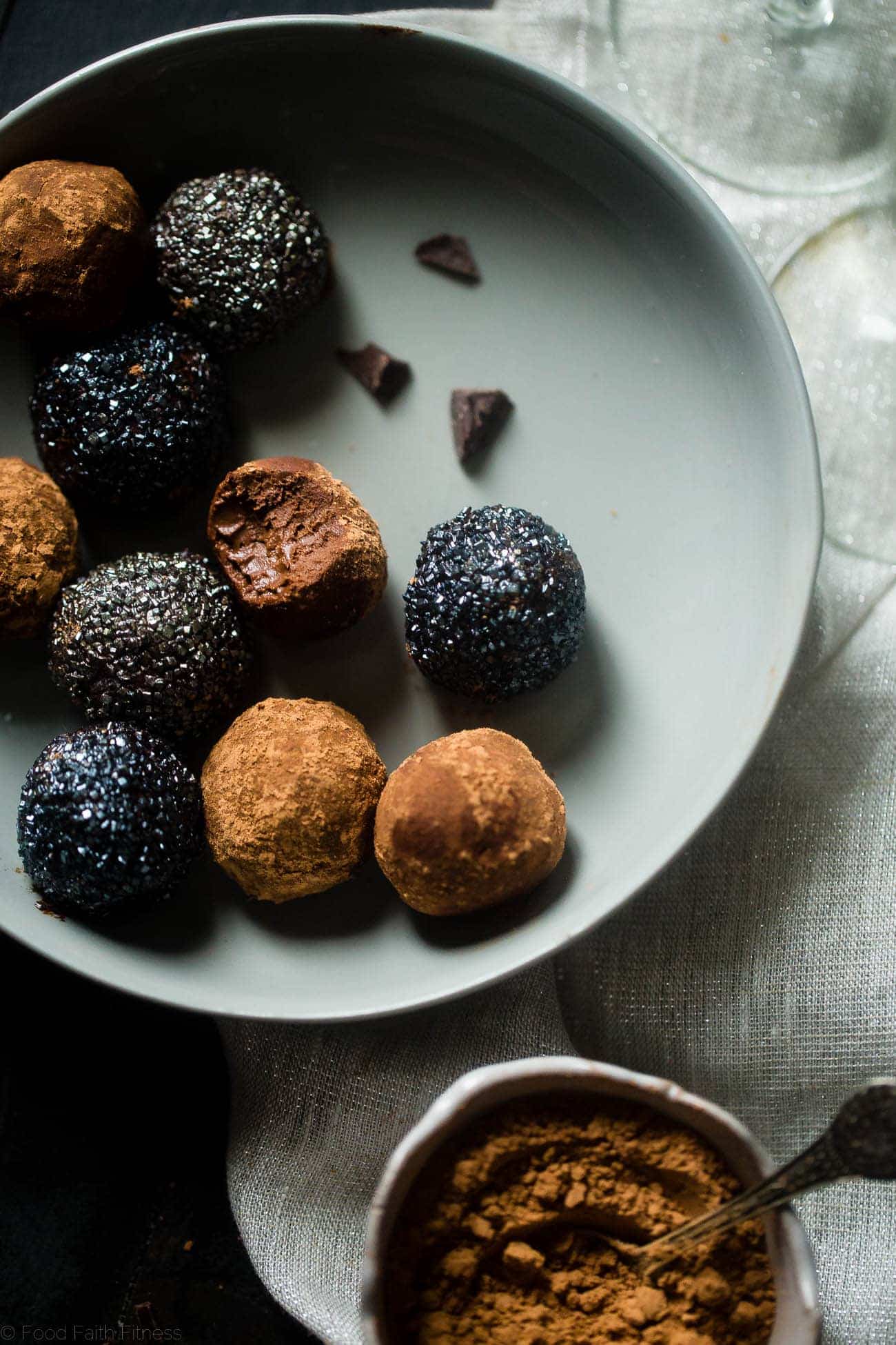 Avocado Vegan Chocolate Truffles with Champagne - These 5 ingredient, vegan truffles use a secret, heart-healthy ingredient to make them so creamy and only 60 calories! A little champagne makes them perfect for New years Eve! | #Foodfaithfitness | #Glutenfree #Vegan #Healthy #Avocado #Truffles
