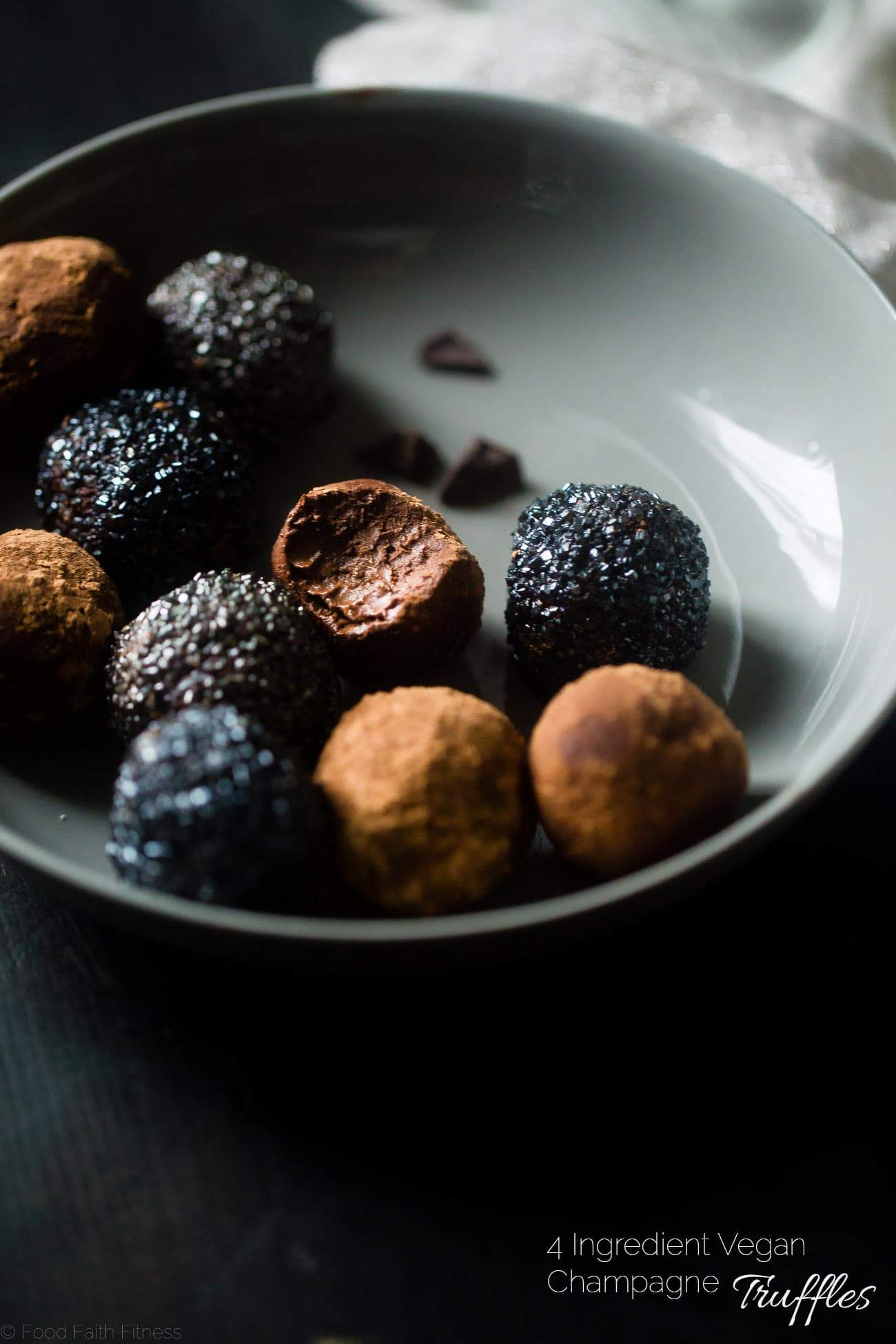 Avocado Vegan Chocolate Truffles with Champagne - These 5 ingredient, vegan truffles use a secret, heart-healthy ingredient to make them so creamy and only 60 calories! A little champagne makes them perfect for New years Eve! | #Foodfaithfitness | #Glutenfree #Vegan #Healthy #Avocado #Truffles