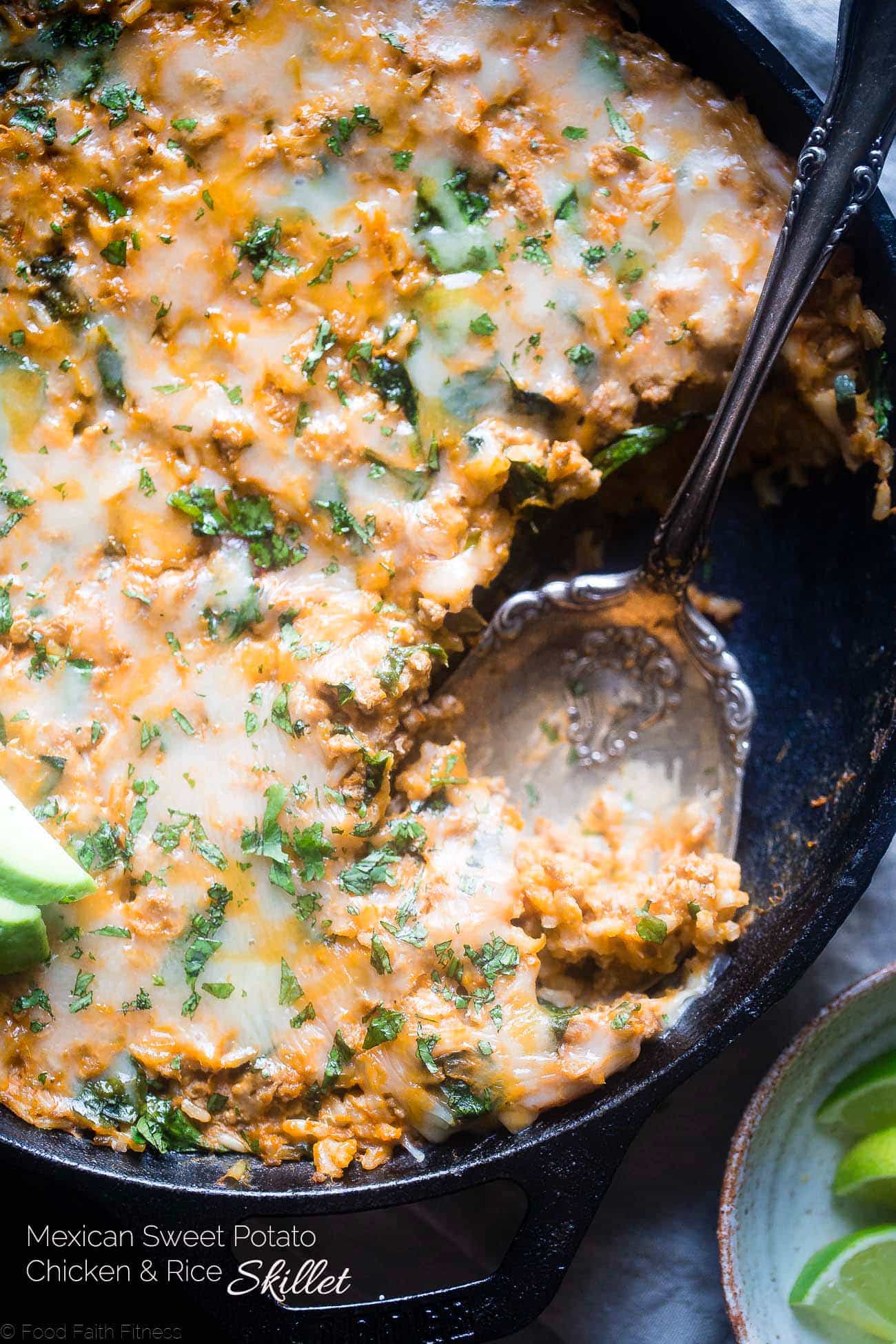 One Pot Mexican Chicken Rice Casserole - This chicken Mexican rice casserole uses sweet potato for extra creaminess! It's a healthy, gluten free, 8 ingredient dinner for busy weeknights that is only 330 calories! | Foodfaithfitness.com | @FoodFaithFit