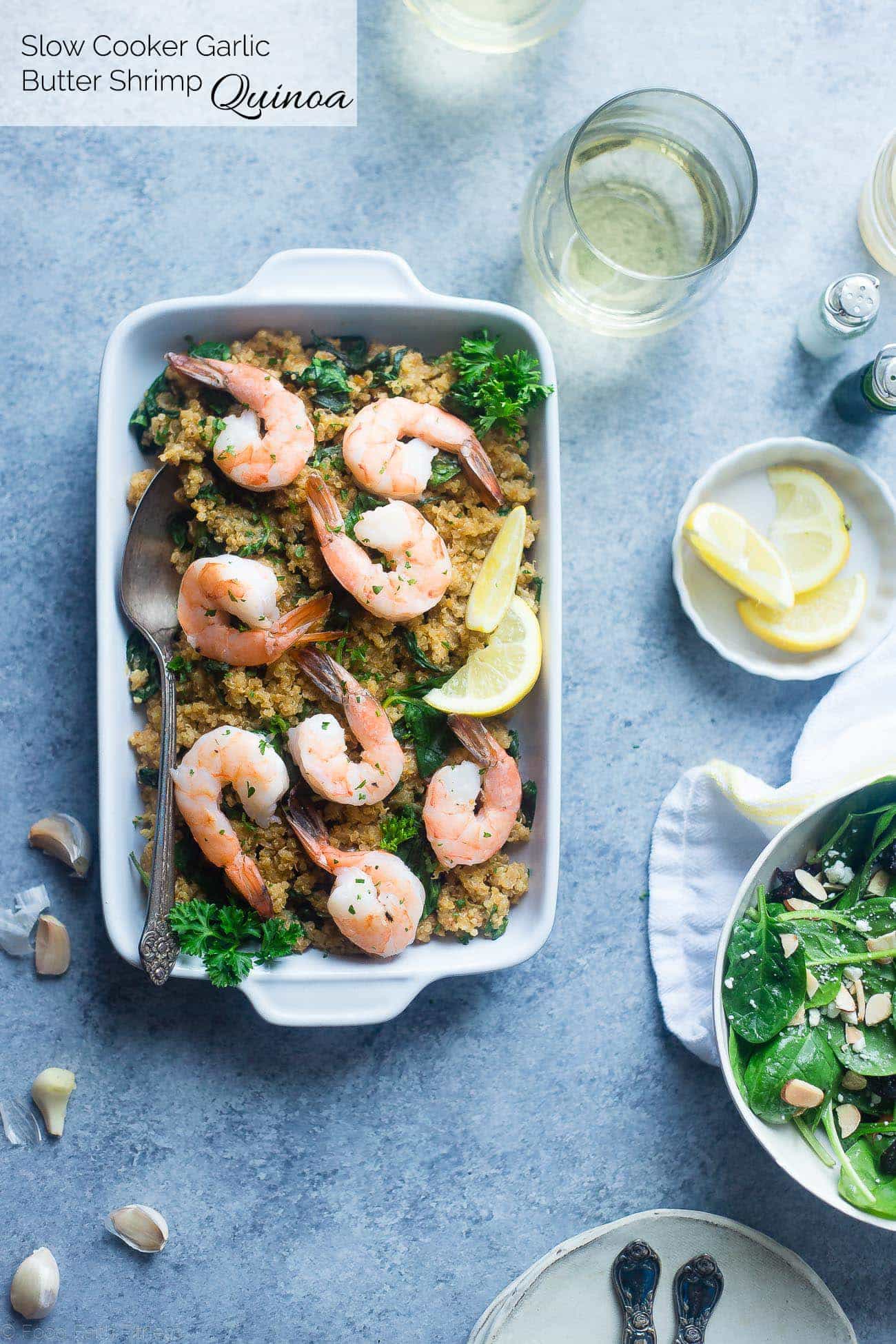 Slow Cooker Garlic Butter Shrimp and Quinoa - This easy, 7 ingredient weeknight dinner is made in the slow cooker! It's a healthy, gluten and lactose free meal that the whole family will love! | Foodfaithfitness.com | @FoodFaithFit