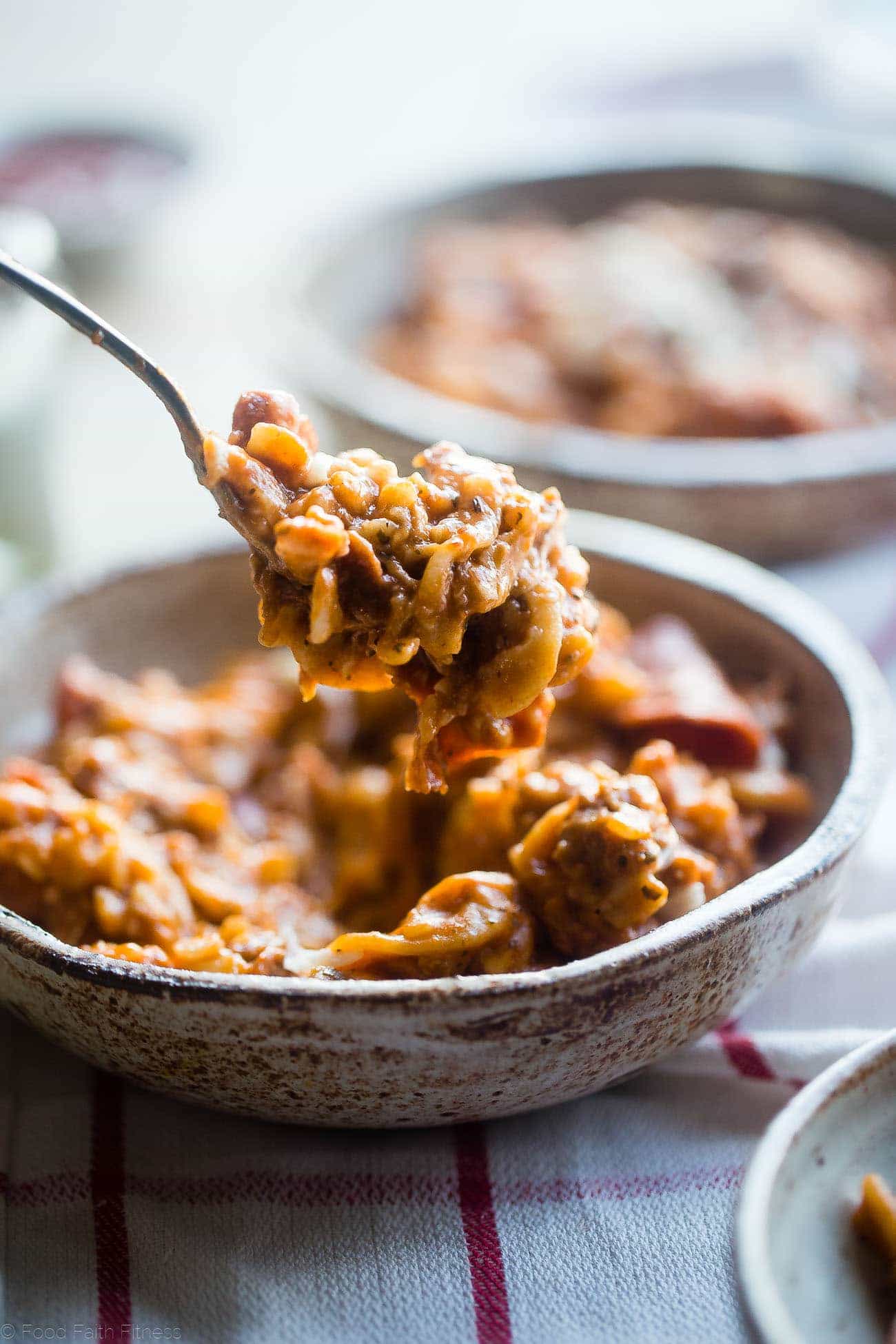 Gluten Free Crock Pot Pizza Pasta - This easy gluten free crock pot pasta has all the flavors of meat lovers pizza, but without all the work! It's a healthy, crowd pleasing weeknight dinner that the whole family will love! | Foodfaithfitness.com | @FoodFaithFit