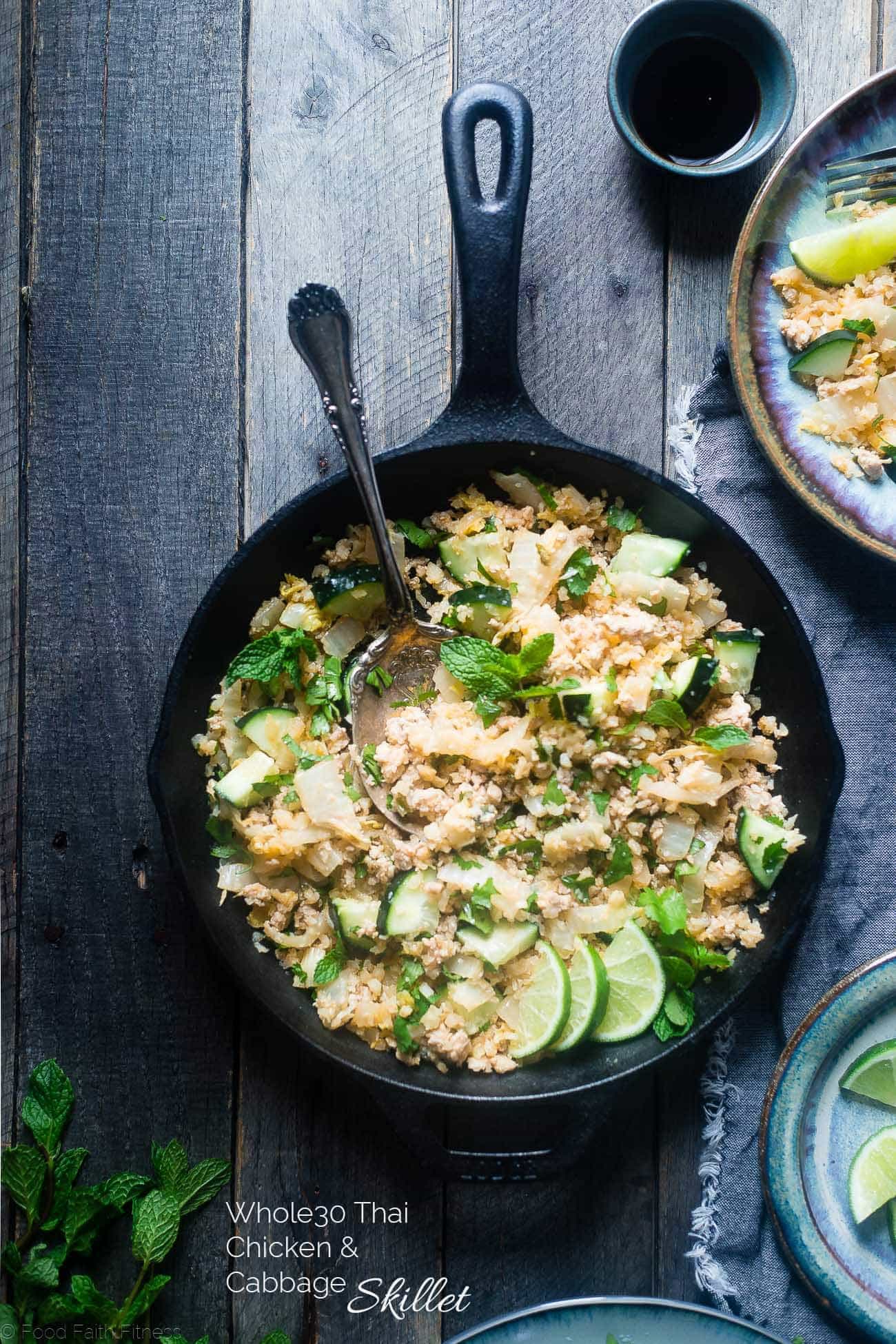Larb Gai Thai Chicken Skillet - This easy, one pot dinner has all the flavors of Larb Gai, but in a healthy, low carb and whole30 approved weeknight dinner that is only 200 calories! | Foodfaithfitness.com | @FoodFaithFit
