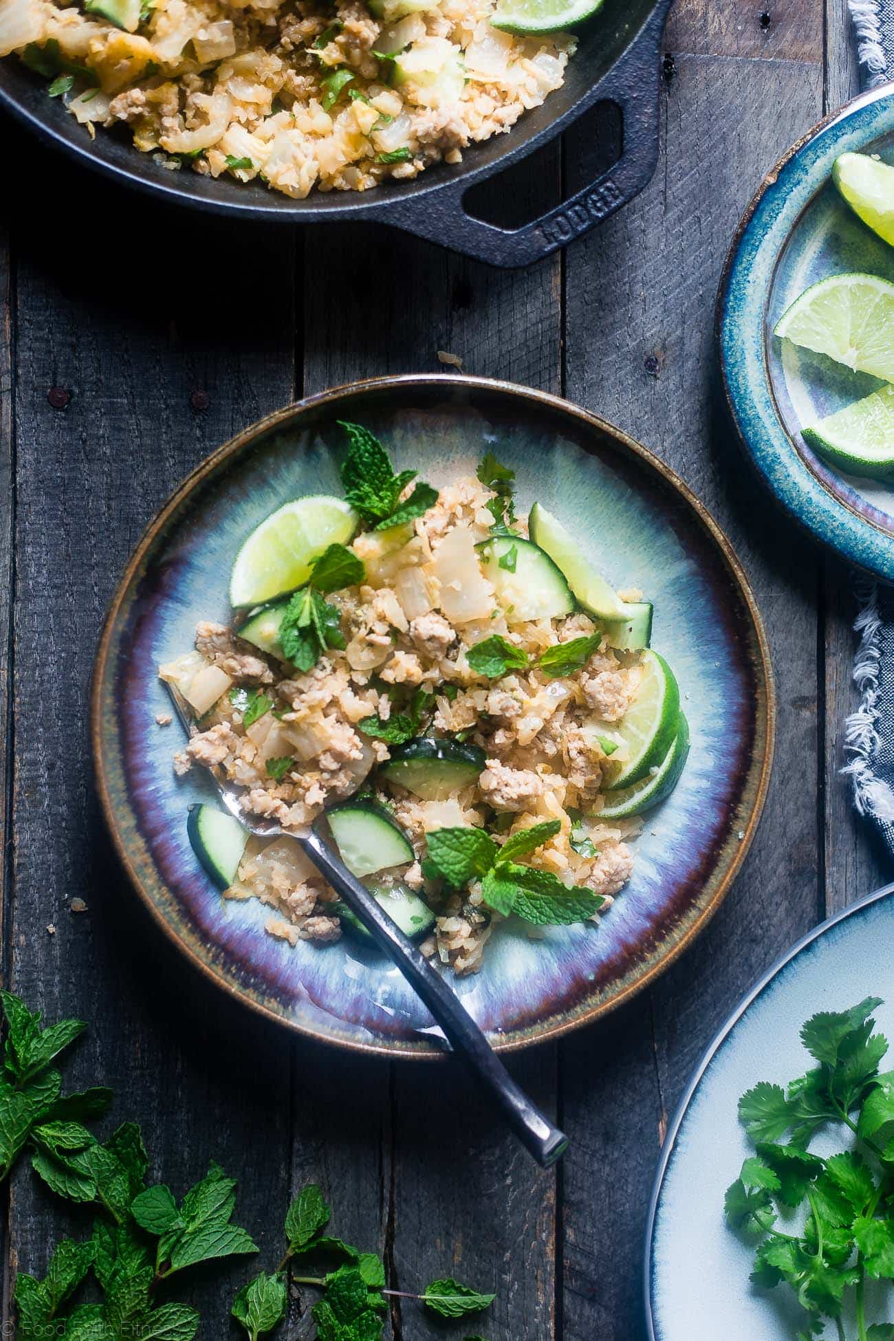Larb Gai Thai Chicken Skillet - This easy, one pot dinner has all the flavors of Larb Gai, but in a healthy, low carb and whole30 approved weeknight dinner that is only 200 calories! | Foodfaithfitness.com | @FoodFaithFit