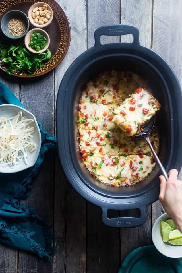 Thai Slow Cooker Zucchini Lasagna - This freezer-friendly zucchini lasagna is made in the slow cooker, and has a Thai peanut twist! It's a healthy, low carb and gluten free weeknight meal that the family will love! | Foodfaithfitness.com | @FoodFaithFit