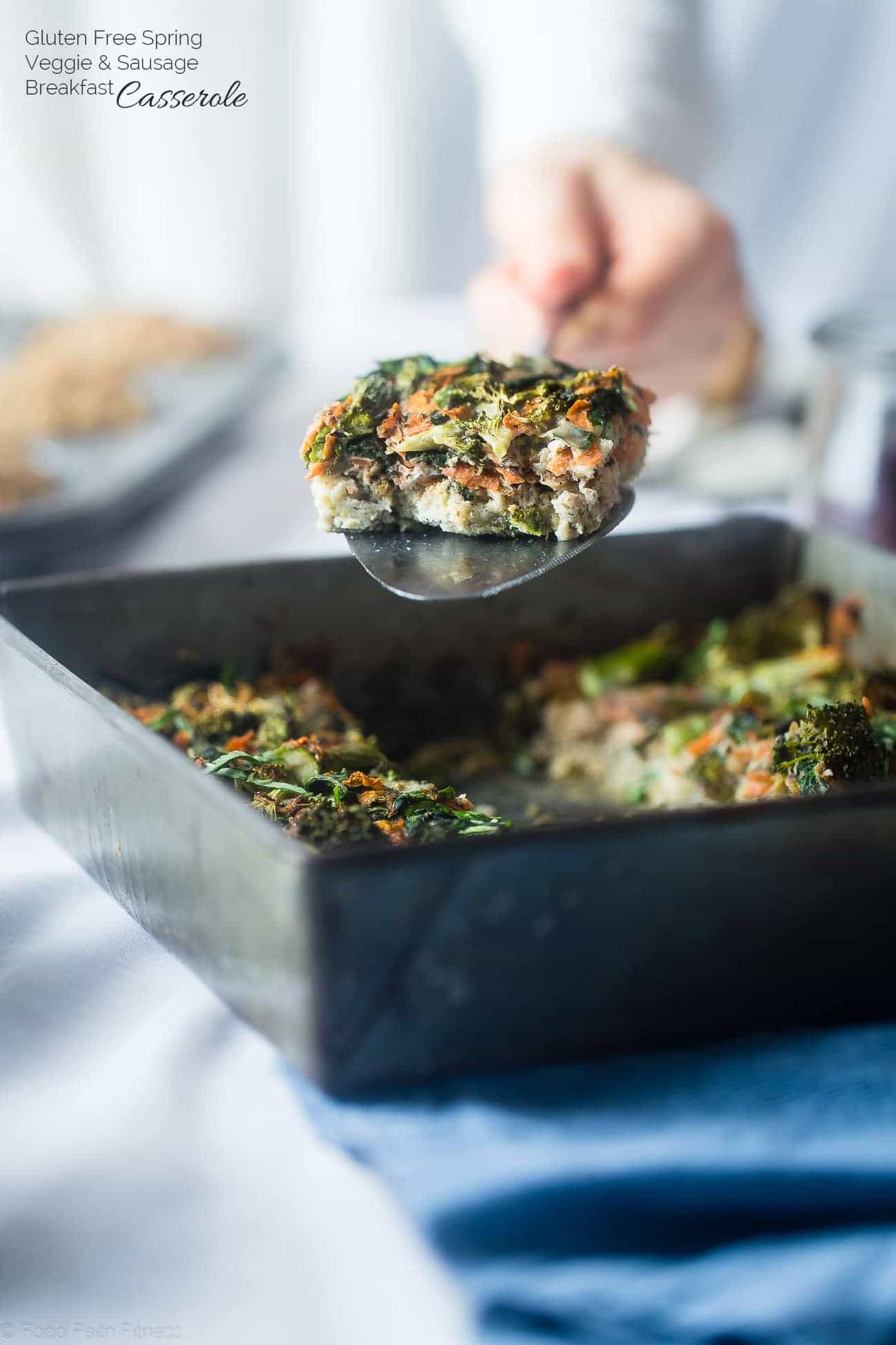 Gluten Free Spring Veggie Sausage Breakfast Casserole - This easy, overnight gluten free breakfast casserole is loaded with seasonal veggies and is only 175 calories! Perfect for spring brunches! | Foodfaithfitness.com | @FoodFaithFit