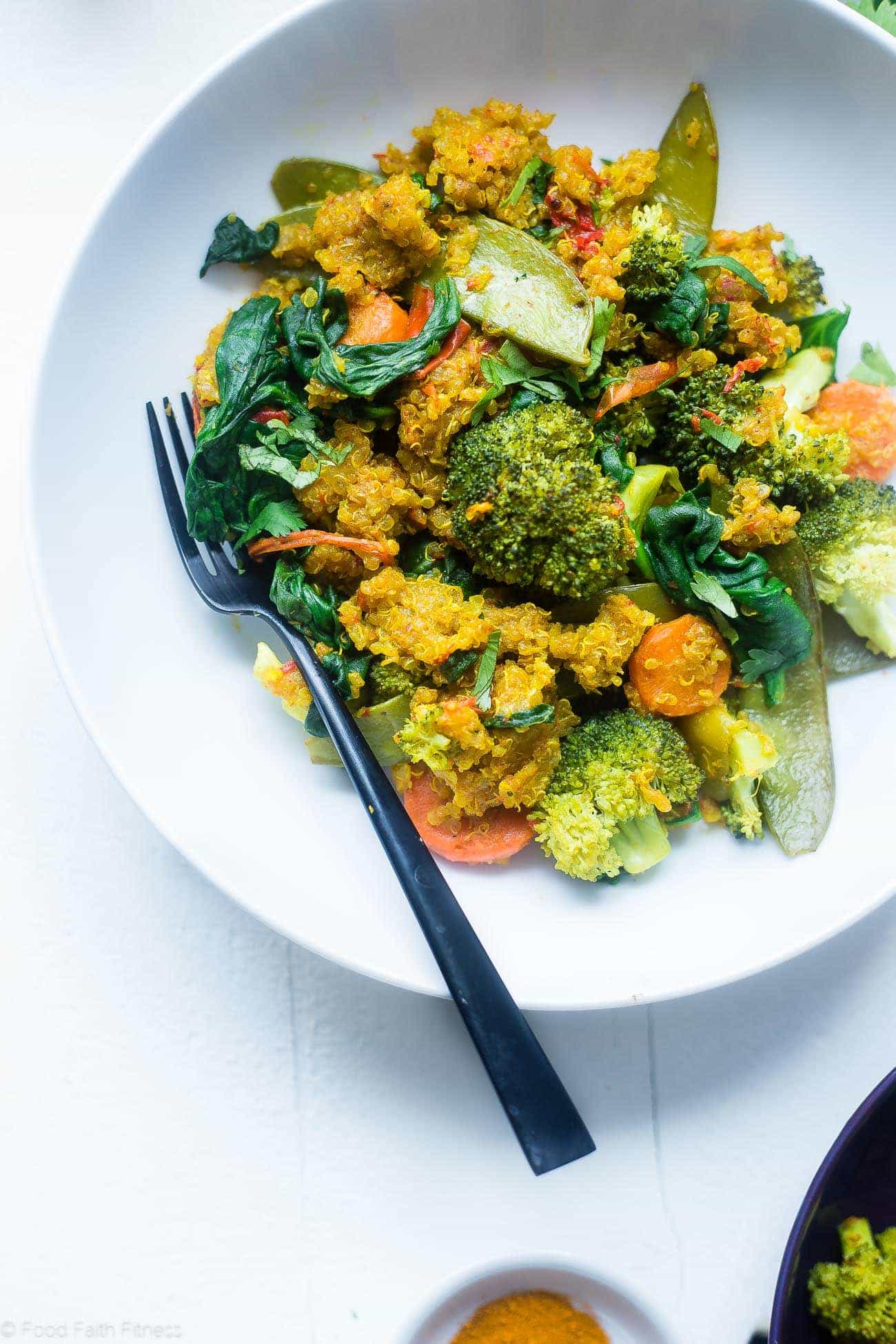 Vegan Turmeric Golden Milk Slow Cooker Quinoa - This healthy slow cooker quinoa with golden milk recipe is an easy, 10 ingredient plant-based dinner that is loaded with vegetables! Perfect for busy weeknights!| Foodfaithfitness.com | @FoodFaithFit