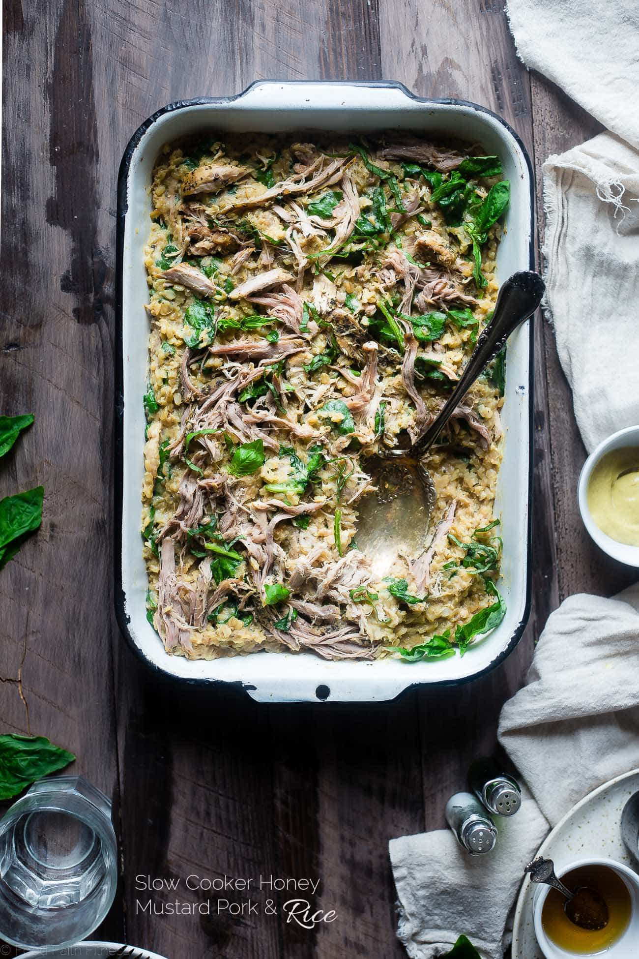 Slow Cooker Honey Mustard Pork and Rice - Let the slow cooker do the work for you with this healthy honey mustard slow cooker pork loin and rice that's gluten free, under 10 ingredients and so easy! | Foodfaithfitness.com | @FoodFaithFit